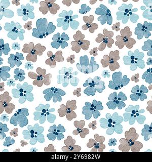 Nahtloses Muster Mit Kleinen Blauen Blüten. Aquarellillustration mit zartem ditsy floralem im Doodle-Stil auf weißem isoliertem Hintergrund. Stockfoto