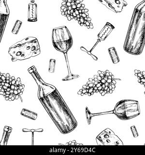 Nahtloses Muster mit Wein und Trauben. Ein Weinglas, eine Flasche, Käse und Kork. Schwarzweiß, Grafik, Vektorillustration, handgezeichnet. Auf einem Stock Vektor