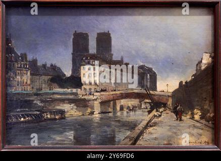 Kathedrale Notre-Dame in Paris, vom Quai Saint-Michel mit Petit Pont, Öl auf Leinwand, 1854, Johan-Barthold JONGKIND, Latrop (Pays-Bas), 1819 - Saint-Egrève (Frankreich), 1891, Musée du Louvre, Paris, Frankreich. Stockfoto