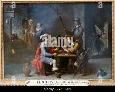 The Denial of Saint Peter in a Guardroom with Card Players, 1646, David TENIERS II, dit le Jeune, Anvers (Belgique), 1610 - Bruxelles (Belgique), 1690, Fils du peintre David Teniers I, dit le Vieux, Musée du Louvre, Paris, Frankreich. Stockfoto