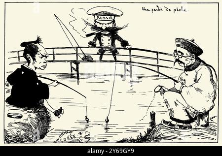 Ein Angelausflug. Karikatur über den Streit zwischen China, Japan und Russland um Korea. Von 'Tobae'. Museum: PRIVATE SAMMLUNG. Autor: GEORGES BIGOT. Stockfoto