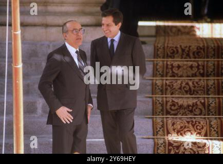 ADOLFO SUAREZ GONZALEZ. POLITICO ESPAÑOL. 1932-2014. PRESIDENTE DEL GOBIERNO DESDE 1976-1981. JUNTO A LEOPOLDO CALVO SOTELO. FOTOGRAFIA DEL AÑO 1979. Stockfoto