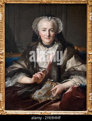 Madame Dangé Macht Knoten. Porträt von Anne Jarry, Ehefrau des Bauern-Generals Dangé du Fay, 1753, Öl auf Leinwand, Louis TOCQUE, Paris, 1696 - 1772, Musée du Louvre, Paris, Frankreich. Stockfoto