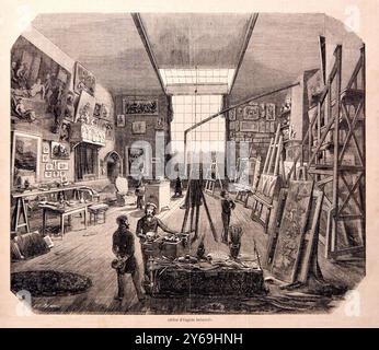 Delacroix's Studio, Rue Notre-Dame-de-Lorette, 23. September 1852. Tinte auf Zeitungspapier (L'Illustration), EDOUARD-ANTOINE RENARD, (1802-1857), Eugène Delacroix Museum, Paris, Frankreich. Stockfoto