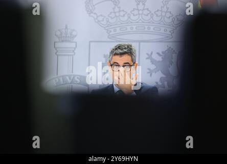 Madrid, 17.09.2024. Moncloa Palace. Pressekonferenz nach dem Ministerrat mit Minister Pilar Alegría, Minister für Justiz und Beziehungen zum Parlament, Félix Bolaños, Kulturminister Ernest Urtasun und Gleichstellungsministerin Ana Redondo. Foto: Jaime García. ARCHDC. Quelle: Album / Archivo ABC / Jaime García Stockfoto