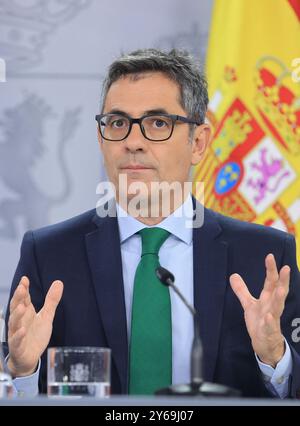 Madrid, 17.09.2024. Moncloa Palace. Pressekonferenz nach dem Ministerrat mit Minister Pilar Alegría, Minister für Justiz und Beziehungen zum Parlament, Félix Bolaños, Kulturminister Ernest Urtasun und Gleichstellungsministerin Ana Redondo. Foto: Jaime García. ARCHDC. Quelle: Album / Archivo ABC / Jaime García Stockfoto