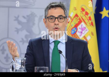 Madrid, 17.09.2024. Moncloa Palace. Pressekonferenz nach dem Ministerrat mit Minister Pilar Alegría, Minister für Justiz und Beziehungen zum Parlament, Félix Bolaños, Kulturminister Ernest Urtasun und Gleichstellungsministerin Ana Redondo. Foto: Jaime García. ARCHDC. Quelle: Album / Archivo ABC / Jaime García Stockfoto