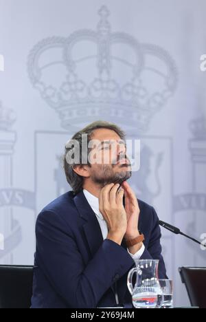 Madrid, 17.09.2024. Moncloa Palace. Pressekonferenz nach dem Ministerrat mit Minister Pilar Alegría, Minister für Justiz und Beziehungen zum Parlament, Félix Bolaños, Kulturminister Ernest Urtasun und Gleichstellungsministerin Ana Redondo. Foto: Jaime García. ARCHDC. Quelle: Album / Archivo ABC / Jaime García Stockfoto