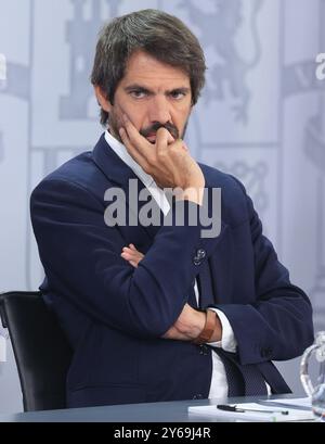 Madrid, 17.09.2024. Moncloa Palace. Pressekonferenz nach dem Ministerrat mit Minister Pilar Alegría, Minister für Justiz und Beziehungen zum Parlament, Félix Bolaños, Kulturminister Ernest Urtasun und Gleichstellungsministerin Ana Redondo. Foto: Jaime García. ARCHDC. Quelle: Album / Archivo ABC / Jaime García Stockfoto