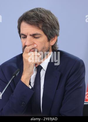 Madrid, 17.09.2024. Moncloa Palace. Pressekonferenz nach dem Ministerrat mit Minister Pilar Alegría, Minister für Justiz und Beziehungen zum Parlament, Félix Bolaños, Kulturminister Ernest Urtasun und Gleichstellungsministerin Ana Redondo. Foto: Jaime García. ARCHDC. Quelle: Album / Archivo ABC / Jaime García Stockfoto