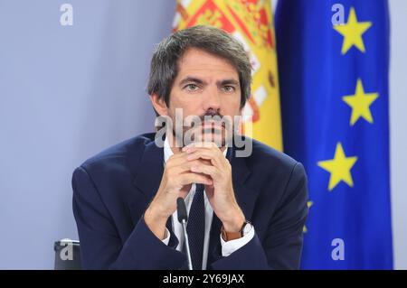 Madrid, 17.09.2024. Moncloa Palace. Pressekonferenz nach dem Ministerrat mit Minister Pilar Alegría, Minister für Justiz und Beziehungen zum Parlament, Félix Bolaños, Kulturminister Ernest Urtasun und Gleichstellungsministerin Ana Redondo. Foto: Jaime García. ARCHDC. Quelle: Album / Archivo ABC / Jaime García Stockfoto