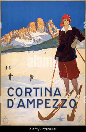 Italienisches Vintage-Reiseposter. Cortina d'Ampezzo. Alpiner Skisport. 1920er Jahre Stockfoto