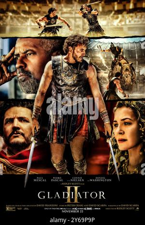 Gladiator II (2024) von Ridley Scott mit Joseph Quinn, Connie Nielsen und Paul Mescal. Nachdem seine Heimat von den tyrannischen Kaisern erobert wurde, die heute Rom führen, ist Lucius gezwungen, das Kolosseum zu betreten und muss auf seine Vergangenheit schauen, um Kraft zu finden, um den Ruhm Roms seinem Volk zurückzugeben. US-Poster mit einem Blatt ***NUR FÜR REDAKTIONELLE ZWECKE***. Quelle: BFA / Paramount Pictures Stockfoto