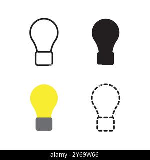 Glühlampen-Symbolsatz. Schwarze und gelbe Glühlampen. Konturen und gestrichelte Formen. Minimaler Vektorstil. Stock Vektor