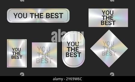 Holografische Aufkleber Logos Emblem Etiketten Farbset. Große Aufkleber. Zur Verpackung von Werbematerial. Aufkleber für Kleidung oder Accessoires. Vektorabbildung. Stock Vektor