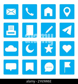 Symbolgruppe Kommunikation. Social-Media-Symbole. Blaue quadratische Symbole. Vektorgrafik-Sammlung. Stock Vektor