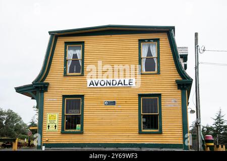 Avondale-Schild am Eisenbahnmuseum in Neufundland & Labrador, Kanada Stockfoto