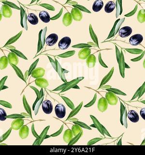 Handgemaltes Aquarell Olive Zweige Nahtloses Muster Stockfoto