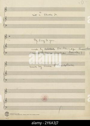 Musik 1800–1900; Musikmanuskripte; Risher, Anna Priscilla. Mein Lied für dich, Risher, Anna Priscilla. 1800 - 1900, Schmidt, Arthur Paul, Musikverlag, populäre Musik, Schreiben und Veröffentlichen, Noten, Music, United States, 19th Century, Music, United States, Manuskripte, Usa, Manuskripte Stockfoto
