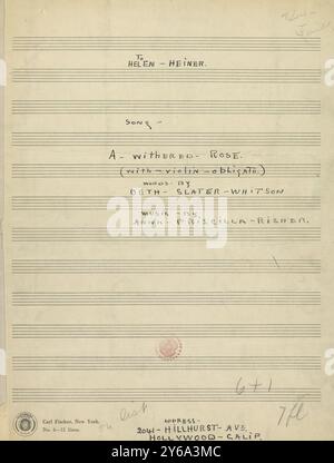 Musik 1800–1900; Musikmanuskripte; Risher, Anna Priscilla. Eine verdorbene Rose, Risher, Anna Priscilla. 1800 - 1900, Schmidt, Arthur Paul, Musikverlag, populäre Musik, Schreiben und Veröffentlichen, Noten, Music, United States, 19th Century, Music, United States, Manuskripte, Usa, Manuskripte Stockfoto