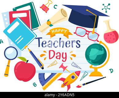 Happy Teacher's Day Vektor-Illustration mit Schulbedarf wie Tafeln, Bleistifte, Taschen, Bücher und anderen Gegenständen in flachem Hintergrund Stock Vektor