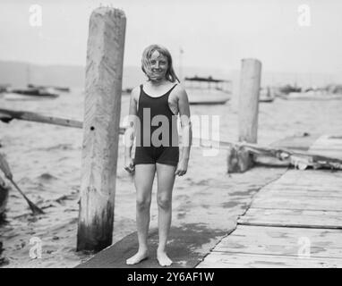 May E. Miller, Foto zeigt Mary Elizabeth Miller, ein vierzehnjähriges Mädchen, das 1915 über den Hudson River schwamm. Sie macht den Trudgeon-Schlaganfall. Zwischen ca. 1910 und ca. 1915, Glasnegative, 1 negativ: Glas; 5 x 7 Zoll. Oder kleiner. Stockfoto