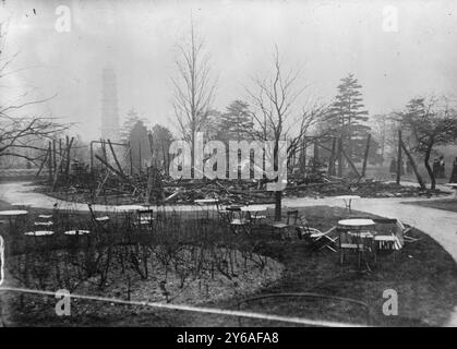 Teehaus, Kew Gardens, zerstört durch Suffragetten, Foto zeigt die Überreste des Teepavillons in den Royal Botanic Gardens in Kew, West London, der durch einen Brandanschlag im März von den Suffragisten Lilian Lenton und Olive Wharry von der Women's Social and Political Union zerstört wurde., 1913 März, Glass negative, 1 negative: Glass; 5 x 7 cm. Oder kleiner. Stockfoto