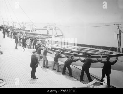 Rettungsbootbohrer, Holland America Line - Boote über die Seite legen, zwischen ca. 1910 und ca. 1915, Glasnegative, 1 negativ: Glas; 5 x 7 Zoll Oder kleiner. Stockfoto