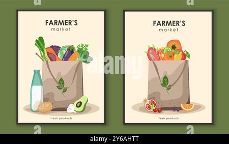 Plakate für den Bauernmarkt. Beutel mit Gemüse und Flasche Milch. Frische natürliche und biologische Produkte. Landwirtschaft und Landwirtschaft. Flacher Vektor Stock Vektor
