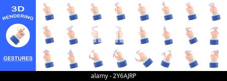 3D-Rendering-Gesten-Sammlung, Cartoon Gesture Symbol Mockup. Symbole für Gestenlinien auf dem Touchscreen.3D-Illustration verschiedene Touchscreen-Gesten. Stockfoto