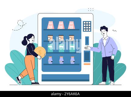 Mann und Frau mit Automaten. Die Leute kaufen Snacks und Limonaden. Automatischer Spender mit Desserts und Köstlichkeiten. Käufer mit Verkauf. Linearer Vektor Stock Vektor