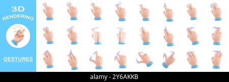 3D-Rendering-Gesten-Sammlung, Cartoon Gesture Symbol Mockup. Symbole für Gestenlinien auf dem Touchscreen.3D-Illustration verschiedene Touchscreen-Gesten. Stockfoto