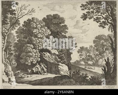 Cephalus und Procris, italienische Landschaften (Titel der Serie), Procris, getötet von Cephalus, sitzt in einer Landschaft, umgeben von Jagdhunden. Cephalus steht neben ihr mit dem Speer in der Hand. Rechts von der Straße geht ein gebeugter Hirte mit seinen Schafen. Vielleicht ist das der alte Hirte, der zwischen Cephalus und Procris vermittelt hatte, woraufhin sich das Paar versöhnte. Druck aus einer Reihe italienischer Landschaften., Druck, Druckerei: Willem van Nieulandt (II), (erwähnt auf Objekt), nach Entwurf von: Paul Bril, (erwähnt auf Objekt), Verlag: Antoine Bonenfant, (erwähnt auf Objekt), Antwerpen, Stockfoto