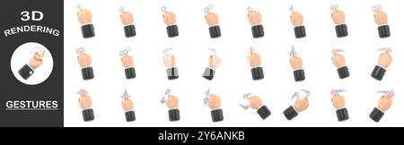 3D-Rendering-Gesten-Sammlung, Cartoon Gesture Symbol Mockup. Symbole für Gestenlinien auf dem Touchscreen.3D-Illustration verschiedene Touchscreen-Gesten. Stockfoto