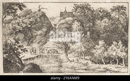 Wassermühle am Fuße eines Berges, Landschaft mit Blick auf drei Personen in einer Wassermühle. Einige Dächer sind hinter den Bergen sichtbar., Druck, Druckerei: Allaert van Everdingen, (auf dem Objekt erwähnt), Niederlande, 1631 - 1675, Papier, Ätzen, Höhe, 84 mm x Breite, 146 mm Stockfoto