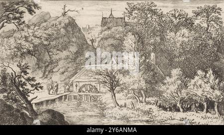 Wassermühle am Fuße eines Berges, Landschaft mit Blick auf drei Personen in einer Wassermühle. Einige Dächer sind hinter den Bergen sichtbar., Druck, Druckerei: Allaert van Everdingen, (auf dem Objekt erwähnt), Niederlande, 1631 - 1675, Papier, Ätzen, Höhe, 81 mm x Breite, 144 mm Stockfoto