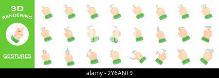 3D-Rendering-Gesten-Sammlung, Cartoon Gesture Symbol Mockup. Symbole für Gestenlinien auf dem Touchscreen.3D-Illustration verschiedene Touchscreen-Gesten. Stockfoto