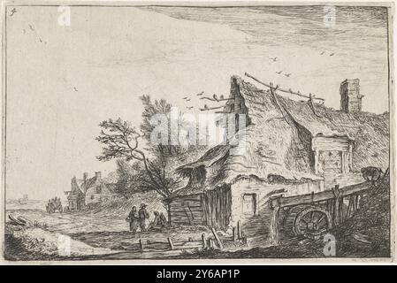Dorfblick mit einer Wassermühle, Landschaften mit Gebäuden (Serientitel), es gibt mehrere Häuser in einer Landschaft. Auf der rechten Seite befindet sich ein Haus mit Strohdach und einer Wassermühle. Einige Figuren sind auf der Vorderseite des Hauses zu sehen. Druck, Druckerei: Anthonie Waterloo, Verlag: Cornelis Danckerts (II), Verlag: Reinier Ottens (I) & Josua, Amsterdam, 1630 - 1663 und, oder 1696 - 1765, Papier, Ätzen, Höhe, 95 mm x Breite, 142 mm Stockfoto