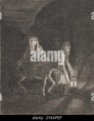 Auf der Flucht nach Ägypten führt Joseph den Esel mit Maria und dem Christkind durch die Dunkelheit. Er hält eine Laterne in der Hand., Druck, Druckerei: Diederik Jan Singendonck, (auf dem Objekt erwähnt), nach Druck von: Rembrandt van Rijn, Utrecht, 1813, Papier, Ätzen, Trockenpunkt, Höhe, 106 mm x Breite, 86 mm Stockfoto