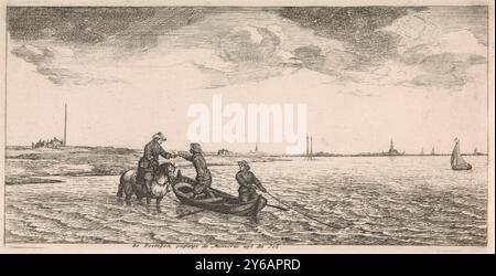 Posteingang von einem Postboten zu Pferd, Postkarte (Serientitel), Einem Postboten zu Pferd, waten durch das Wasser und erhalten Post von zwei Männern in einem Ruderboot. Der Druck hat eine niederländische Unterschrift mit einer Erklärung., Druck, Druckerei: Joost van Geel, nach eigenem Entwurf von: Joost van Geel, Verlag: Jacob Quack, (möglicherweise), Rotterdam, in oder nach 1666, Papier, Radierung, Gravur, Höhe, 145 mm x Breite, 288 mm Stockfoto