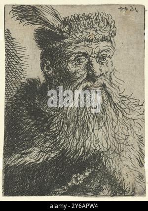 Büste eines polnischen Gentlemen, Büste eines Mannes mit langem Bart, Pelzmantel und Hut mit einer Feder auf dem Kopf., Druck, Druckerei: Anonym, Druckerei: Rembrandt van Rijn, Niederlande, 1644, Papier, Ätzen, Höhe, 60 mm x Breite, 45 mm Stockfoto