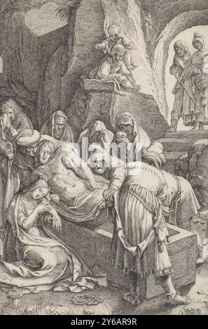 Begräbnis Christi, die Passion (Titel der Serie), Christus wird von einer Reihe von Männern in ein Grab in einer Höhle gelegt. Die Marys und der Apostel Johannes stehen weinend da. Im Vordergrund die Dornenkrone und das Salbenglas von Maria Magdalene., Druck, Druckerei: Ludovicus Siceram, Druckerei: Lucas Vorsterman (I), (abgelehnte Zuschreibung), nach Druck: Hendrick Goltzius, Antwerpen, 1623, Papier, Gravur, Höhe, 190 mm x Breite, 127 mm Stockfoto