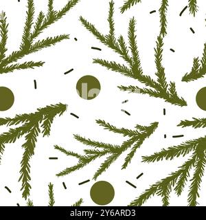 Nahtloses Muster mit Weihnachtsbaumzweigen und Konfetti-Punkten Farbillustration Stockfoto