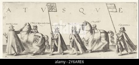 Trauerprozession von Wilhelm von Orange, Seite 4, Trauerprozession von Wilhelm von Orange, 3. August 1584 (Serientitel), Haec Pompa funebris spectata fuit Batavorum Delphis, tertio die Augusti; Ao. 1584 (Serientitel zum Objekt), Bestattungsstation mit den Herren Floris Serelais, Pierre de Rhosne, Gerichtsvollzieher von Putte, Jaspar van Poelgeest, Jacob van Almonde, Raephorst und Gerard Van der AA mit zwei Pferden mit den Waffen und Fahnen von Dietz und Vianden . Blatt 4 in der Trauerprozession von Wilhelm von Orange, Delft, 3. August 1584. Printmacher: Hendrick Goltzius, Verlag: Willem Janszoon Stockfoto