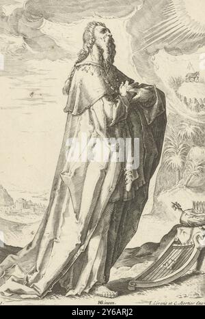 David, Propheten des Alten Testaments, David, mit Harfe, Krone und Zepter neben ihm. Erstdruck aus der Reihe der Propheten und Prophetinnen aus dem Alten Testament kombiniert., Druck, Druckerei: Jacob Matham, (zugeschrieben), nach Zeichnung von: Hendrick Goltzius, (erwähnt auf Objekt), Verlag: Johannes Covens (I), (erwähnt auf Objekt), Amsterdam, 1589 und, oder 1720 - 1777, Papier, Gravur, Höhe, 250 mm x Breite, 163 mm Stockfoto