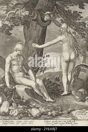 Fall, Adam und Eve (Titel der Serie), Eve bietet Adam einen Apfel aus dem Baum der Erkenntnis von gut und Böse an. Eine Schlange wird um den Stamm des Baumes gewickelt und händigt Eva einen weiteren Apfel. Im Hintergrund wird Eve von der Schlange verführt., Druck, Druckerei: Jan Saenredam, (auf dem Objekt erwähnt), nach Entwurf von: Abraham Bloemaert, (auf dem Objekt erwähnt), Herausgeber: Isaac Houwens, (auf dem Objekt erwähnt), Assendelft, 1604 und, oder 1690 - 1750, Papier, Gravur, Höhe, 274 mm x Breite, 195 mm Stockfoto