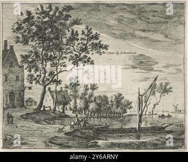 Fähre bei Schoonhoven, 't Veer bei Schoonhoven (Titel auf Objekt), Landschaften in den Provinzen Holland und Utrecht (Serientitel), Blick auf die Fähre, über den Fluss Lek, bei Schoonhoven. Ein Reiter, ein Mann und ein Hund steigen auf die Fähre, die sie möglicherweise zum Weiler Gelkenes (auf der anderen Seite des Lek) bringt. Ein gasthaus auf der linken Seite und eine Mühle im Hintergrund., Druck, Druckerei: Roelant Roghman, Verlag: Clement de Jonghe, Amsterdam, 1637 - 1677, Papier, Ätzen, Gravur, Höhe, 133 mm x Breite, 167 mm Stockfoto