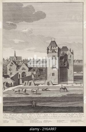 Belagerung von Haarlem, 1572-1573 (rechte Seite), Bild der Belagerung der Stadt Haerlem durch Don Frederico de Toledo, Sohn des Herzogs von Alva in den Jahren 1572 und 1573, auf der Nordseite der Stadt gesehen, vom Huys ter Kleef (Hauptquartier) über die Leprooshuys auf der Halve Maan, hinter der Bres, in den Stadtmauern, und die Befestigungen der Spanier, die aus dem damaligen Leben stammen (...), Vue du Siege de la ville de Haerlem par Don Frederic de Tolede, Fils du Duc d'Albe l'année 1572 & 1573 (...) (Titel über Objekt), Belagerung der Stadt Haarlem in den Jahren 1572-1573 durch die Spanier un Stockfoto