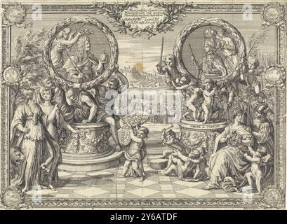 Allegorische Darstellung über die Krönung Josephs I. zum König von Ungarn, Memorabilia Comitiorum Posoniensium Sun quibus Haereditario jure Coronatus (...) (Titel auf Objekt), allegorische Darstellung über die Krönung von Josef I. zum König von Ungarn im Jahr 1687 drei Männer sitzen auf einer Basis und halten ein Medaillon mit dem Porträt von Leopold I. Kaiser von Deutschland und Vater Josephs I. Leopold I. hält ein Zepter und eine Kugel in den Händen und wird von Victoria mit einem Lorbeerkranz gekrönt. Auf der anderen Basis tragen die Putten das Medaillon mit dem Porträt Joseph I., das er auch hält Stockfoto