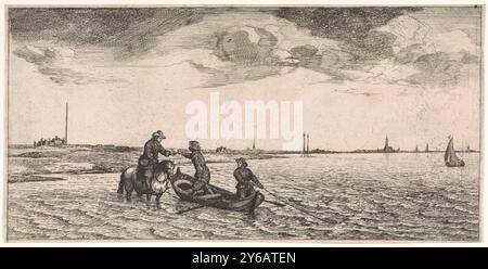 Posteingang von einem Postboten zu Pferd, Postkarte (Serientitel), Ein Postbote zu Pferd waten durch das Wasser und erhält Post von zwei Männern in einem Ruderboot., Druck, Druckerei: Joost van Geel, nach eigenem Entwurf von: Joost van Geel, Verlag: Jacob Quack, (möglicherweise), Rotterdam, in oder nach 1666, Papier, Ätzung, Gravur, Höhe, 143 mm x Breite, 287 mm Stockfoto